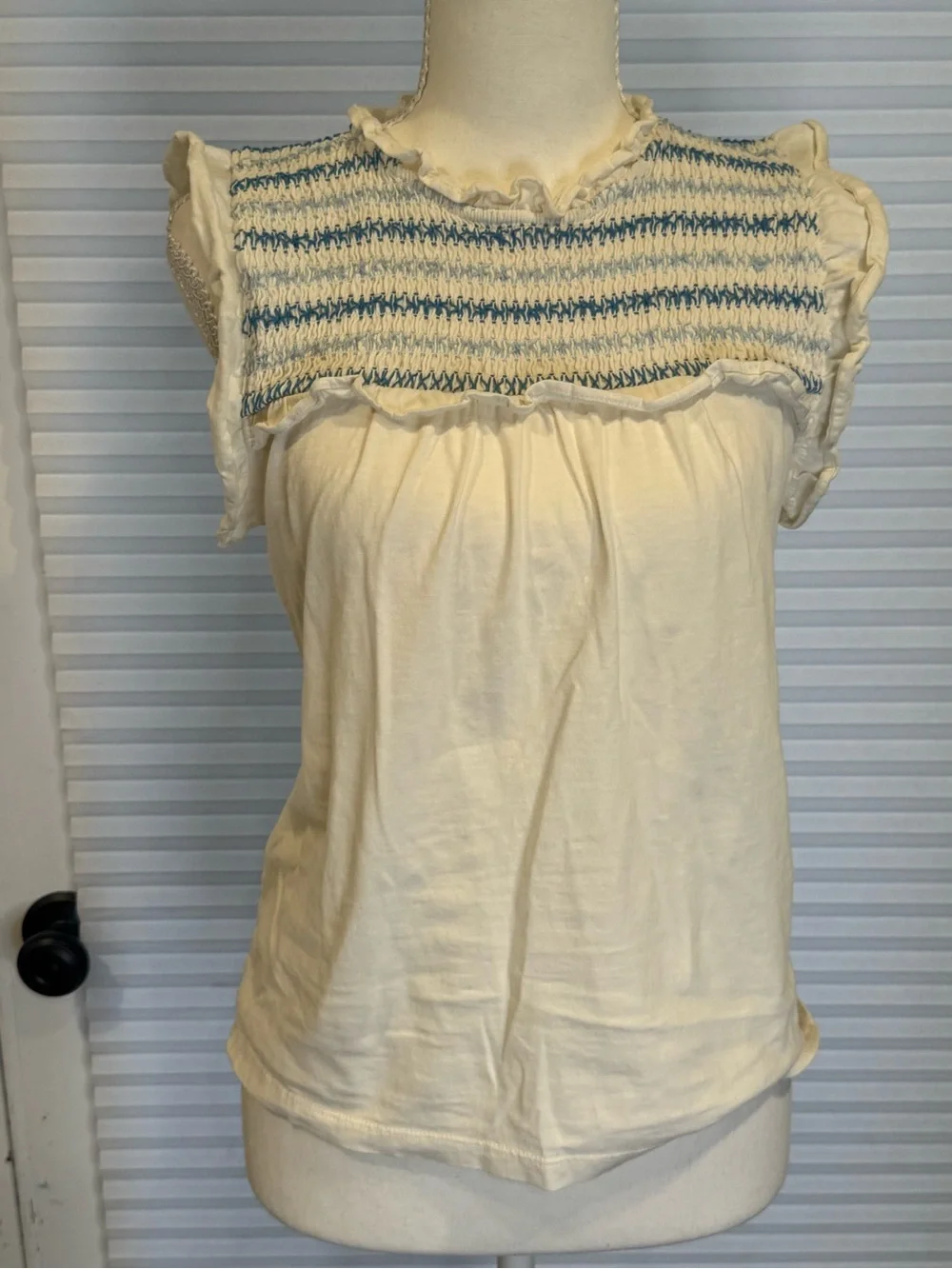 J. Crew Cream Smocked Ruffle Sleeve Tank with Blue Stitching CB1053